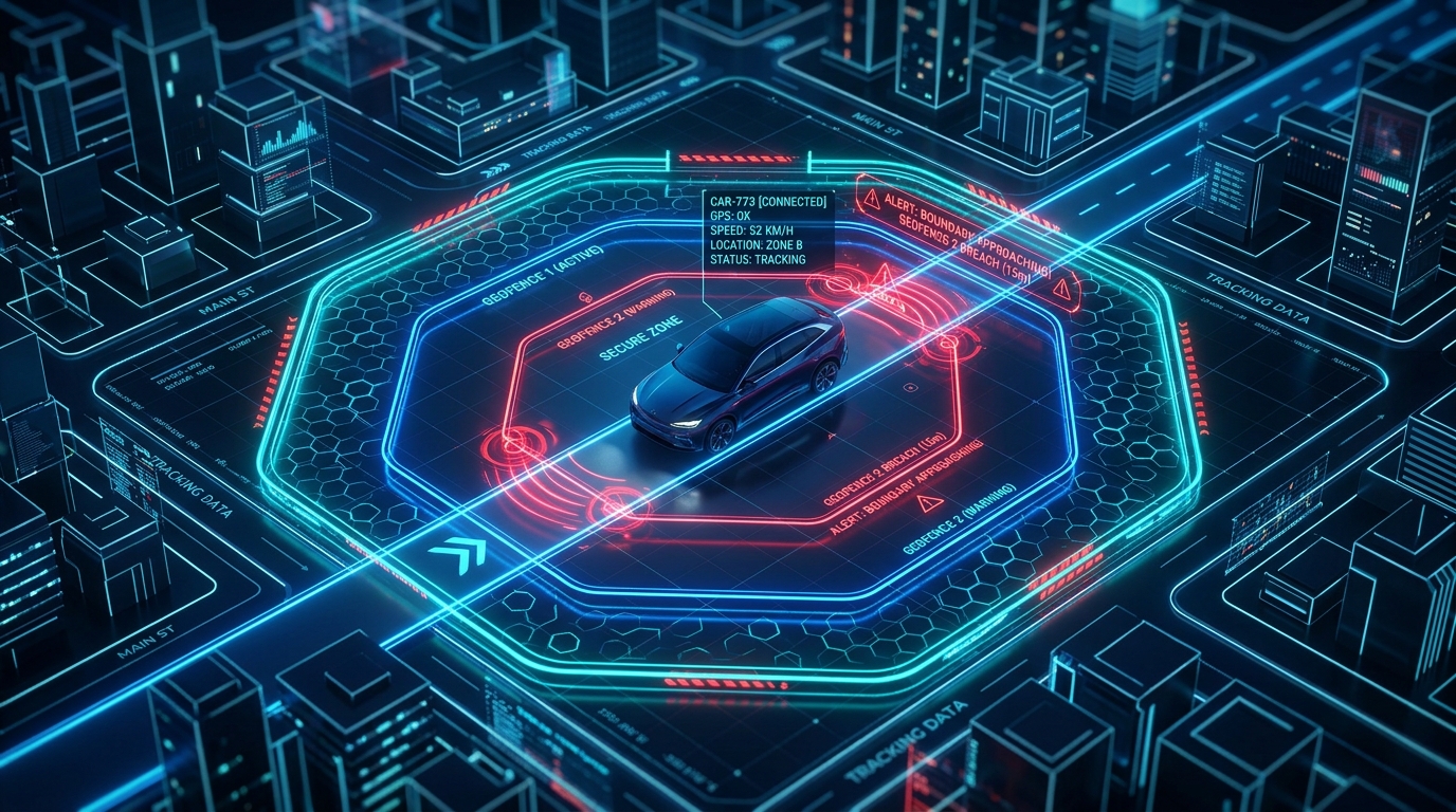 Mapa com cercas eletrônicas e veículo em tempo real